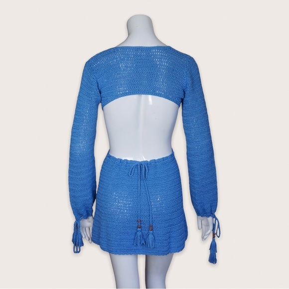 BEGINNING BOUTIQUE | Women’s Cleo Crochet Mini Dress Coverup Blue 4 - Picture 3 of 6